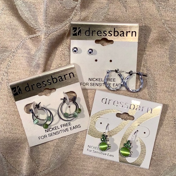 Dress Barn Jewelry Nwt 4 Pairs Earrings In Silver And Green Accents